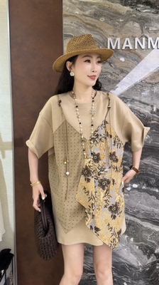 欧洲站2026春季新款圆领拼接复古花色假两件显瘦百搭女士短袖T恤