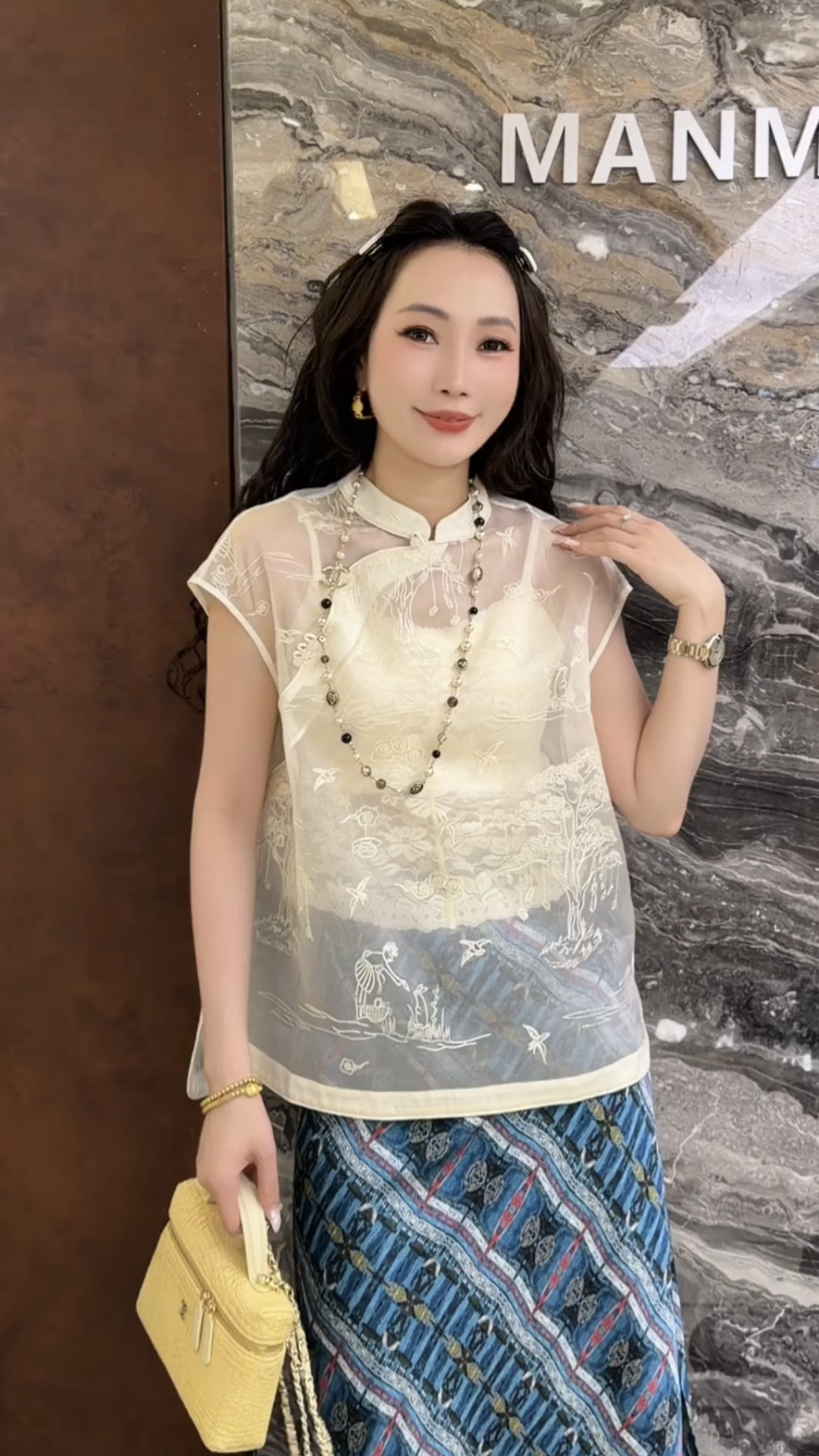 欧洲站2026夏季新款欧货斜襟立领微透暗纹提花女士衬衫马甲841275