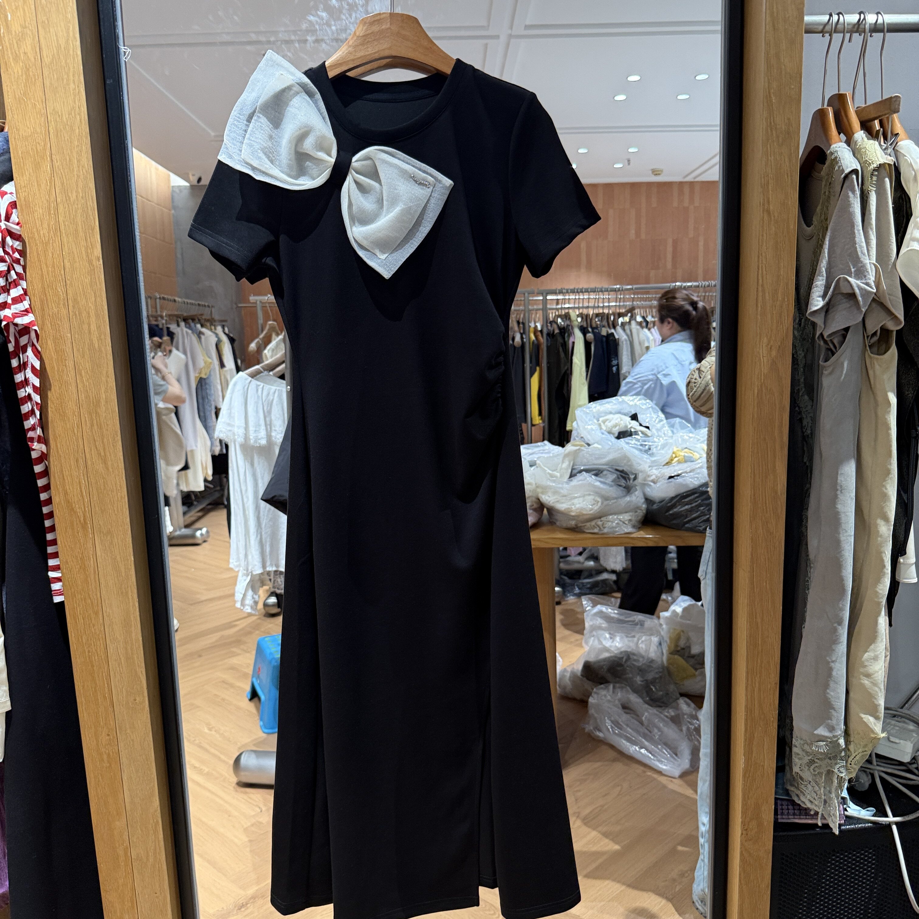 欧洲站2026夏季新款圆领蝴蝶结拼接显瘦时尚洋气短袖连衣裙66107