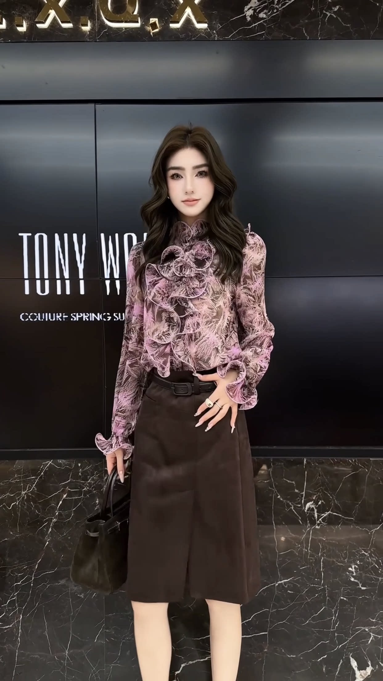 欧洲站2026秋季新款立领荷叶边复古花色百搭宽松减龄女士衬衫上衣