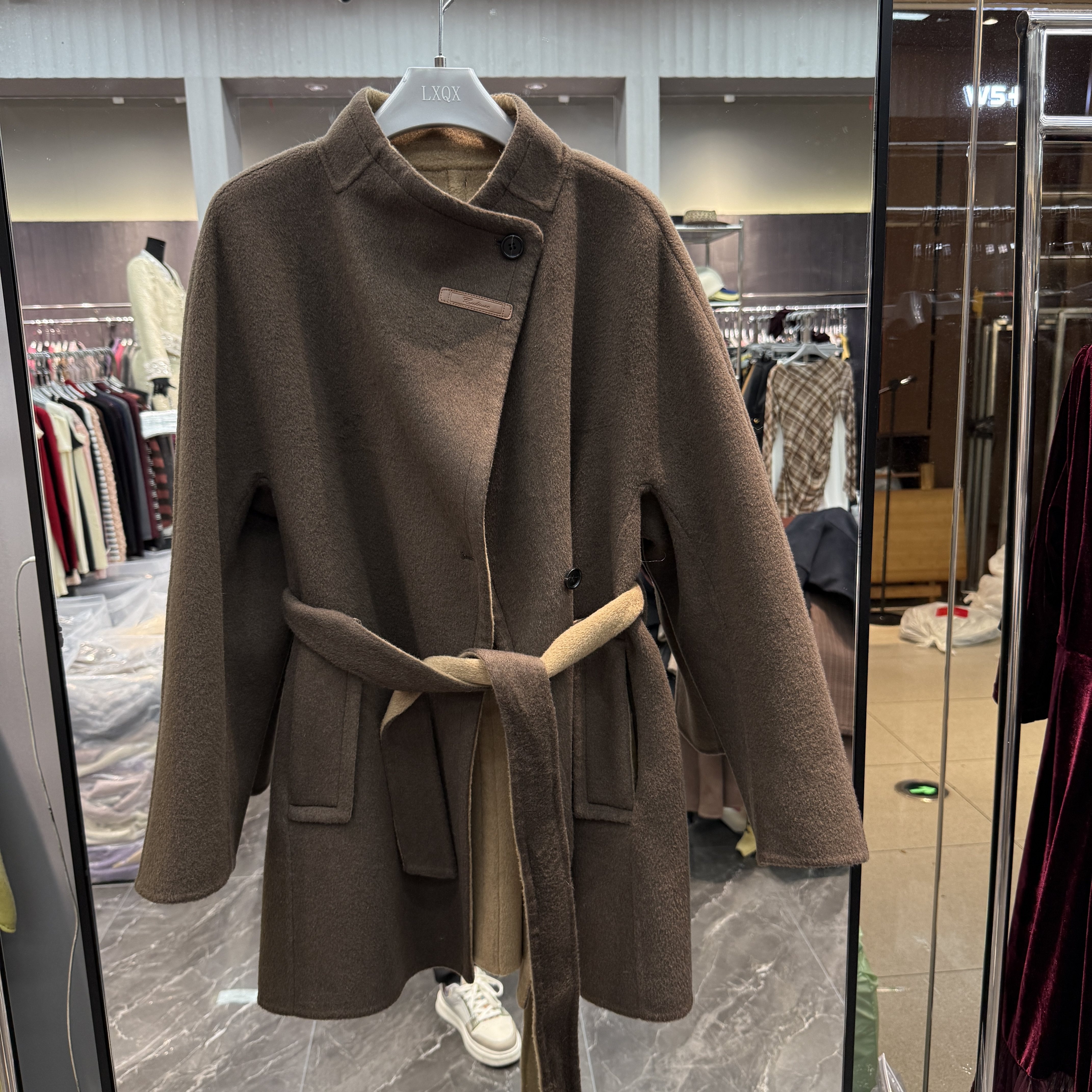 欧洲站2025秋冬新款半高领纽扣设计收腰显瘦小个子款双面羊绒大衣