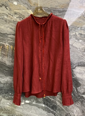 欧洲站2025冬季新款花边立领飘带纯色气质百搭女士羊毛上衣88308