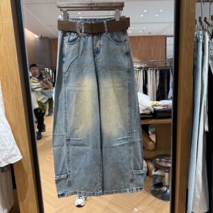 女 复古休闲老钱风腰带高腰宽松显瘦牛仔老爹裤 欧洲站2026春季 新款