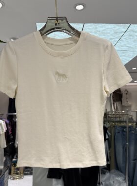 欧洲站2026春季新款时尚韩版压褶小马图案百搭修身套头短袖36585
