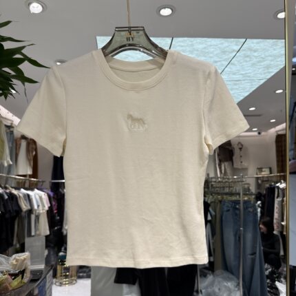 欧洲站2026春季新款时尚韩版压褶小马图案百搭修身套头短袖36585