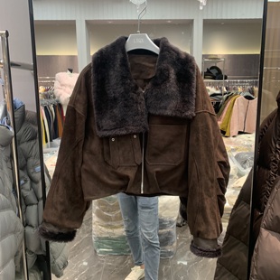 欧洲站2025冬季 翻领轻熟风百搭绵羊皮保暖白鹅绒服外套女583 新款