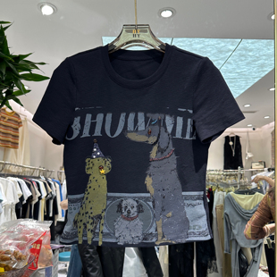 欧洲站2026春季新款时尚圆领卡通钉珠印花百搭显瘦款短袖T恤80025