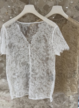 欧洲站2026春夏新款v领镂空百搭单穿内搭显瘦洋气微透蕾丝衫652m