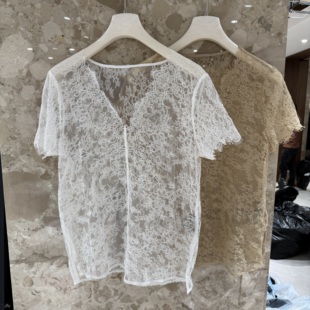 欧洲站2026春夏新款 652m v领镂空百搭单穿内搭显瘦洋气微透蕾丝衫