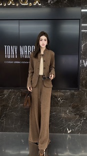 欧洲站2026秋季新款立领单排扣短款外套+松紧腰阔腿裤女士套装潮