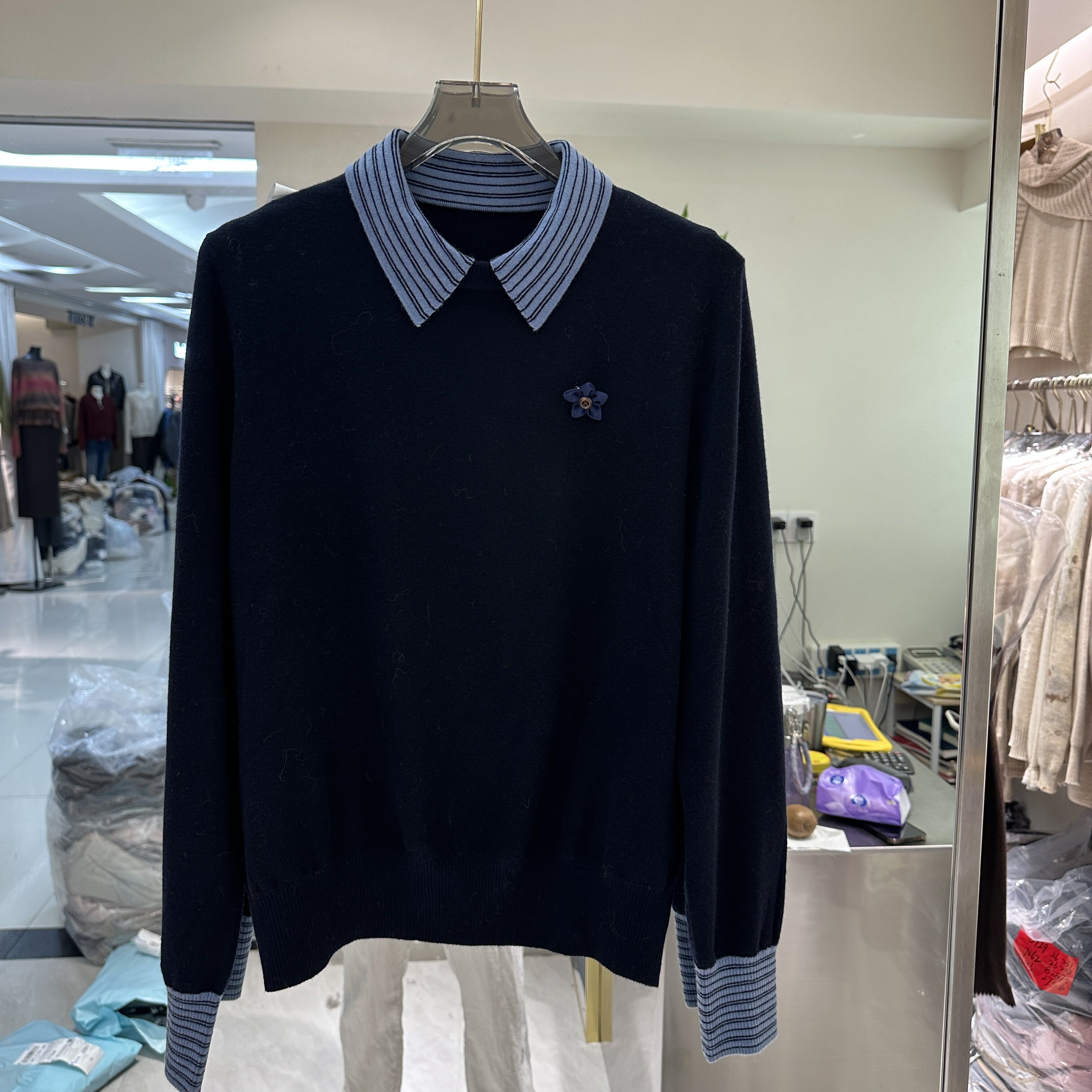 可可家欧货2026冬款拼条纹polo领百搭通勤减龄款女士显瘦针织上衣