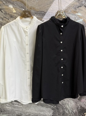 欧洲站2025冬季新款花边立领单排扣纯色简约长袖女士衬衫潮18211