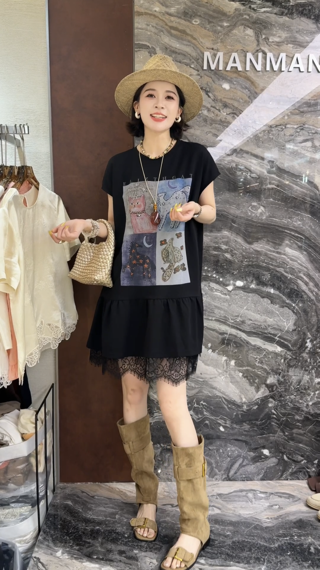 欧洲站2026夏季新款欧货短袖卡通猫咪串珠蕾丝拼接百搭女士连衣裙