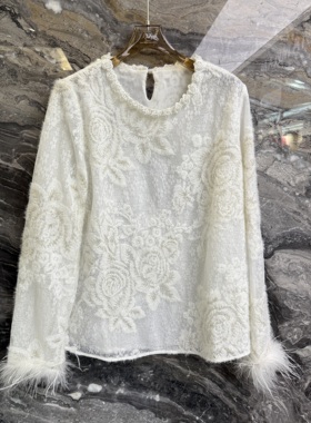 欧洲站2025秋冬新款圆领提花羽毛拼接袖口宽松长袖女士上衣68555