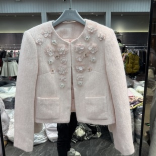 欧洲站2025冬季 圆领重工钉珠立体花朵小香风羊毛呢羽绒服外套 新款