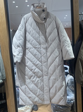 欧洲站2025冬季立领腰带收腰菱形格纹百搭中长款保暖鹅绒服52029