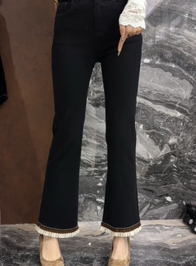 欧洲站2025冬季新款高腰裤脚拼接花边修身百搭加厚微喇裤女30905