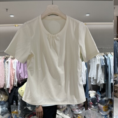 欧洲站2026春季新款短袖收腰领口褶皱珍珠小版甜美女士T恤衫18105