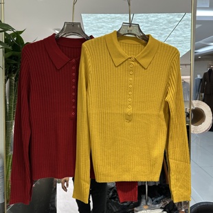 欧洲站2025秋冬新款翻领半纽扣坑条小版软糯修身时尚女士针织毛衣