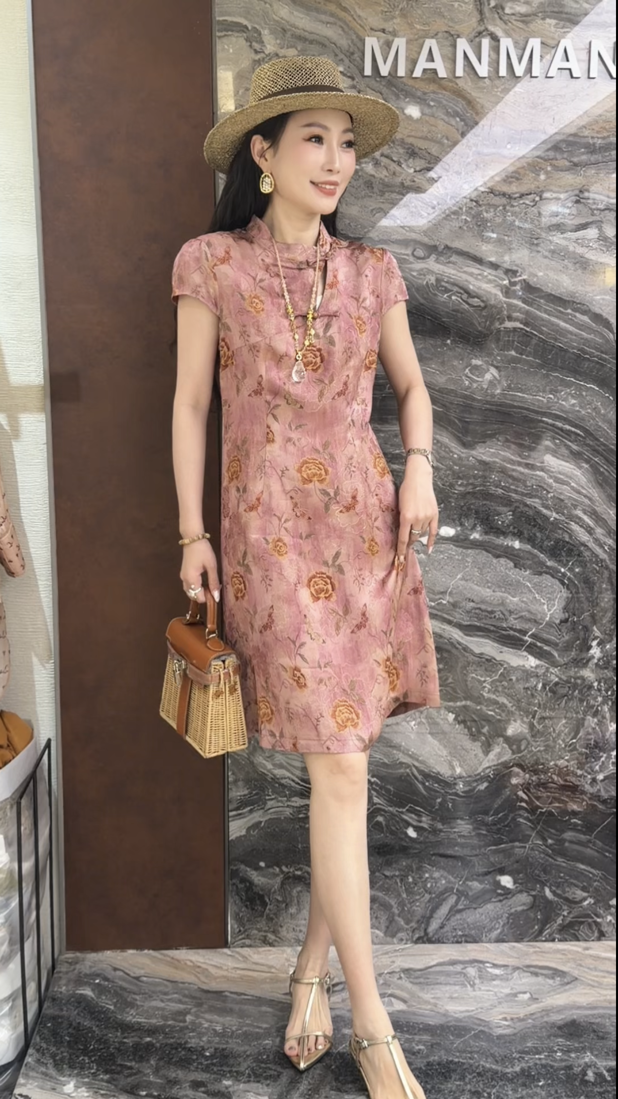 欧洲站2026夏季新款欧货时尚立领盘扣印花短袖旗袍连衣裙女26633