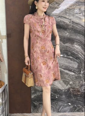 欧洲站2026夏季新款欧货时尚立领盘扣印花短袖旗袍连衣裙女26633