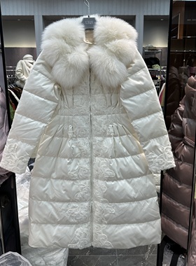 欧洲站2025冬季新款狐狸毛翻领蕾丝拼接百搭中长款白鹅绒服25830