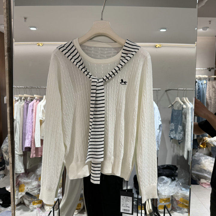欧洲站2026春季新款领编织麻花配条纹披肩百搭减龄款针织衫00003