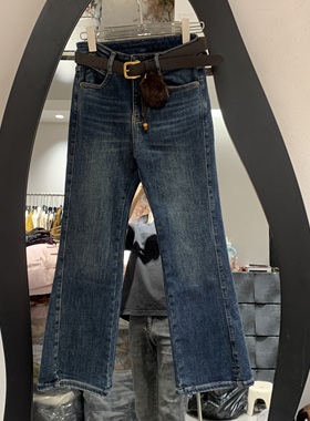 欧洲站2025冬季新款时尚高腰毛球皮带款显瘦百搭微喇牛仔裤33671