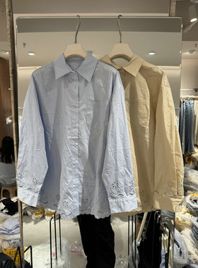 Mc欧洲站2026春季新款翻领下摆镂空勾花百搭文艺感纯色衬衫29880