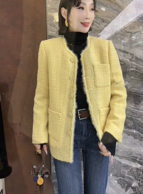 欧洲站2025秋冬新款圆领拼毛排扣设计感宽松长袖小香风外套18809