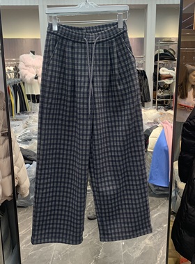 欧洲站2025冬季新款高腰抽绳格子拼色羊毛呢加厚女士休闲裤85105