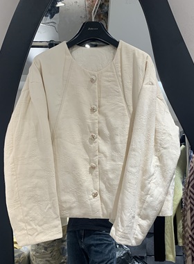 欧洲站2025秋冬新款圆领单排扣暗纹印花百搭轻薄款长袖外套15082