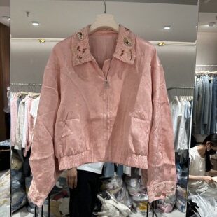 翻领串珠蕾丝拉链暗纹袖 口网纱短外套女89096 新款 欧洲站2026春季