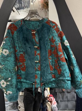 欧洲站2025冬季新款圆领重工钉珠刺绣花纹拼接羊羔毛鹅绒服81062