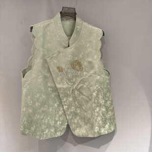 马甲女5895 立领交叉蝴蝶暗纹珍珠边刺绣新中式 欧洲站2026春季 新款