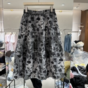 松紧高腰水墨印花减龄百搭款 女士半身裙伞裙潮 新款 欧洲站2026春季