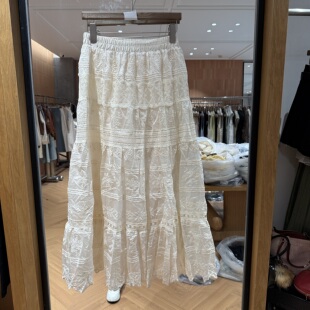 欧洲站2026春季新款松紧高腰蕾丝绣花显瘦大裙摆女士A版半身伞裙