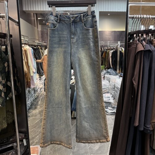 欧洲站2026早秋款复古港风做旧设计修身四面弹女牛仔微喇裤c26995