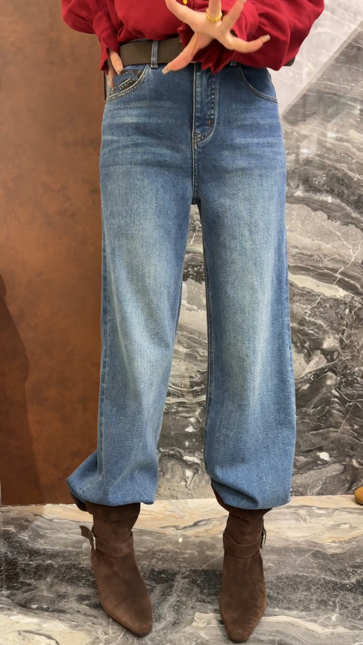 欧洲站2025冬季新款高腰显瘦百搭直筒裤加绒加厚女士阔腿牛仔裤潮