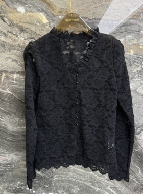 欧洲站2025冬季新款v领蕾丝拼接镂空钩花设计感女人味衬衫潮68084