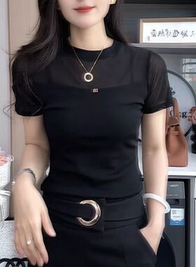 黑色网纱拼接短袖T恤女修身显瘦洋气减龄蕾丝上衣