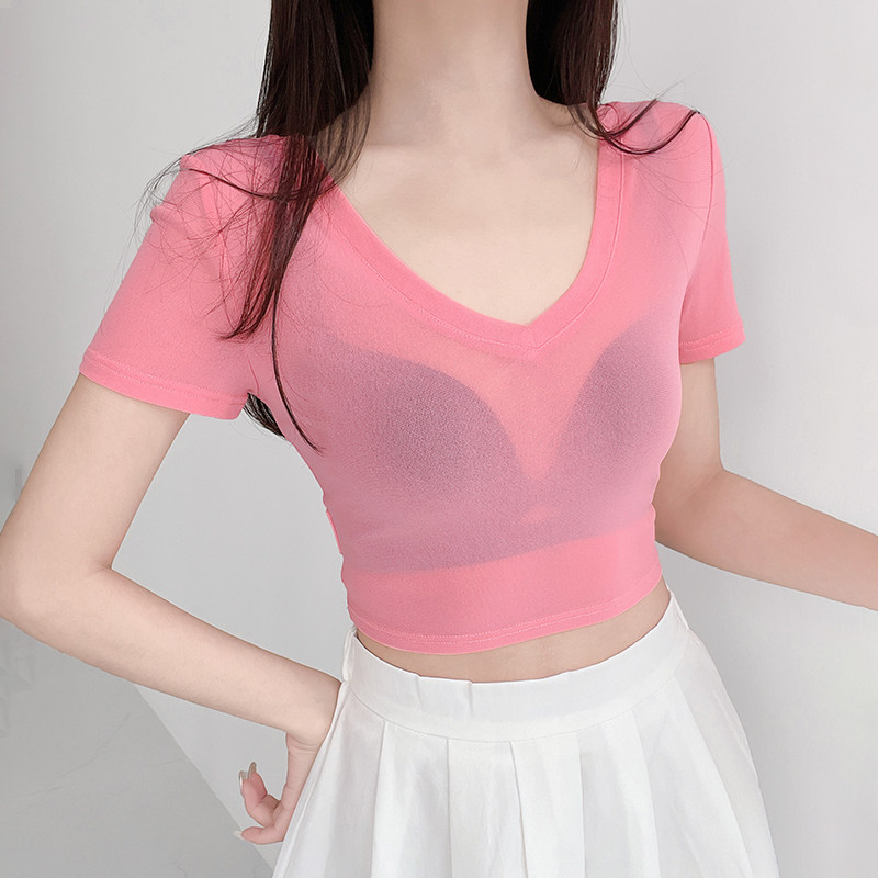 短款高腰短袖t恤女纯欲低领内搭夏辣妹冰丝网纱打底衫v领蕾丝上衣,女装/女士精品,蕾丝衫/雪纺衫,淘宝优惠券,粉丝福利购,淘宝优惠卷
