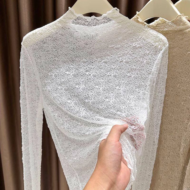 半高领蕾丝衫薄款透视性感网纱洋气修身长袖小上衣2024法式提花,女装/女士精品,蕾丝衫/雪纺衫,淘宝优惠券,粉丝福利购,淘宝优惠卷
