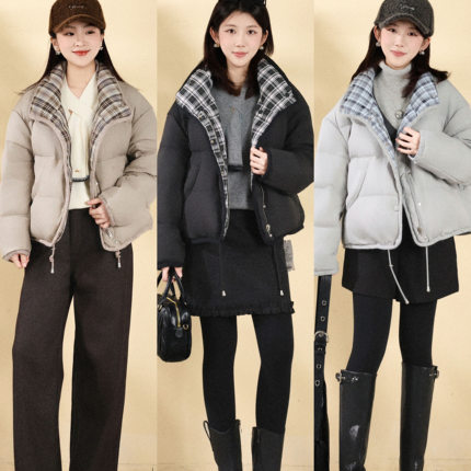 【元气珠珠】韩系双面穿拼格羽绒服  M7XY33022