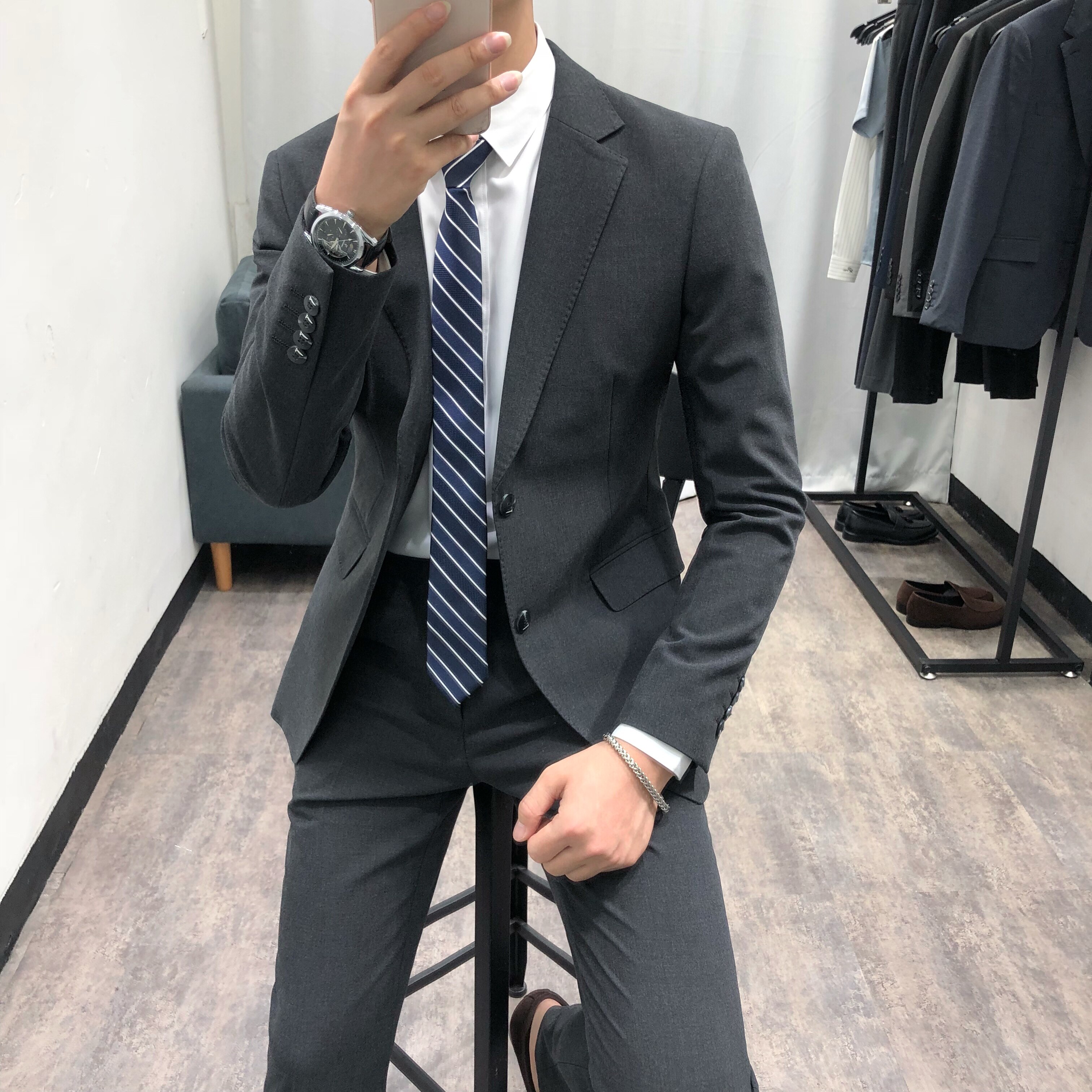 2021秋季新款休闲西装男套装青年纯色修身韩版西服套装男商务正装