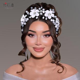 优拉潘 新娘伴娘压发头饰软陶花镶嵌水钻珍珠发带晚礼服发饰HP814