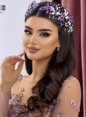 优拉潘 HP272浪漫新款新娘紫色发箍重工手工闪钻发饰舞蹈表演发饰