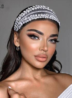 优拉潘 欧美闪亮水钻多排网纱加宽发箍新娘晚宴奢华大气发饰HP806