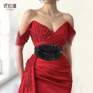 优拉潘 优雅新娘伴娘礼服腰饰网纱叶子珍珠宽边腰带裙子束腰SH681