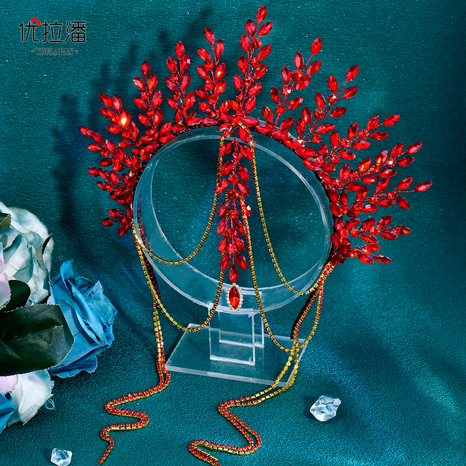 优拉潘 HP952红色水钻奢华新娘前额皇冠发箍舞会演出婚礼秀禾发饰